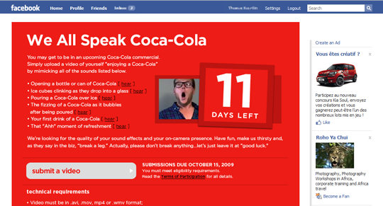 capture d'écran de l'application Facebook de thecoca-colacompany.com